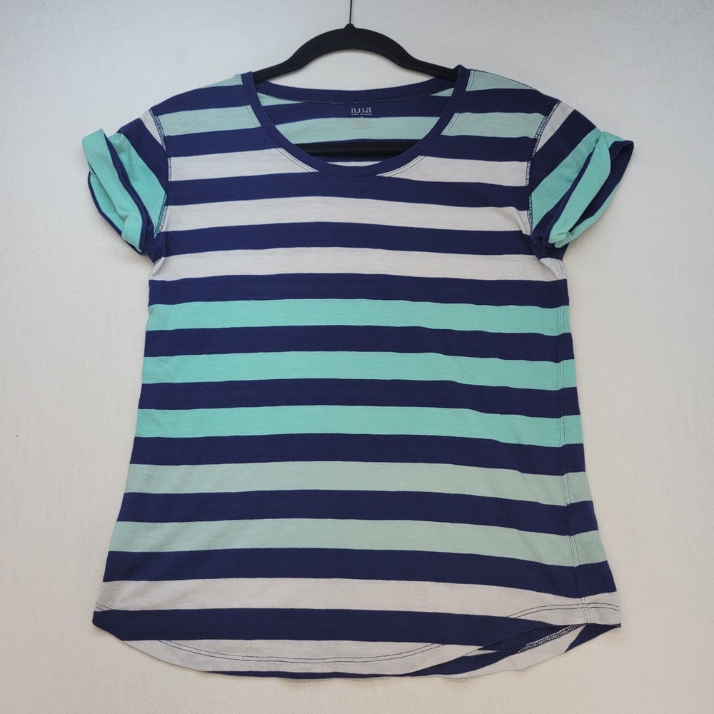 a.n.a T-Shirt Womens Small Blue Teal Striped Cuffed Short Sleeve Curved Hem